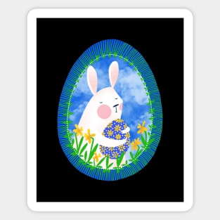 Cute white bunny with floral easter egg decoration on blue sky, version 2 Sticker